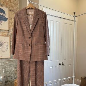 Rebecca Taylor camel rose plaid lightweight wool pants suit.